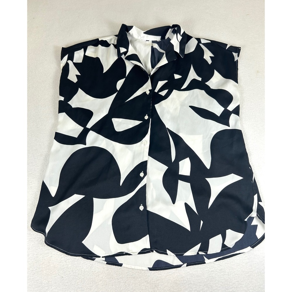 LOFT Button Up‎ Blouse Women Medium Black White Abstract Graphic Print Office